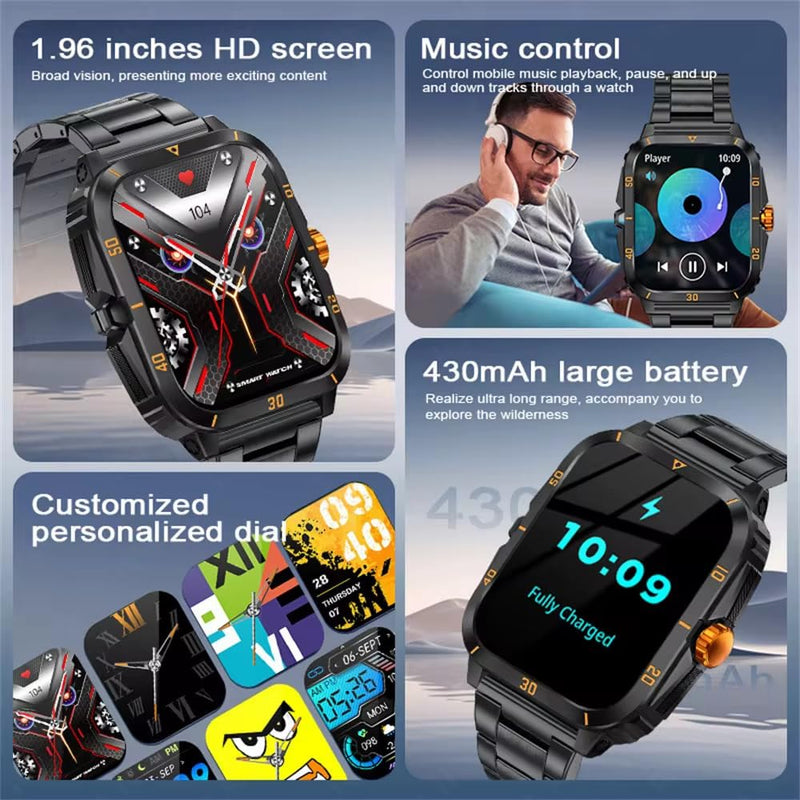 Smart Watch for Men, 1.96 Inch HD Screen, 3ATM Waterproof, 430mAh Battery, Bluetooth 5.3 Call, Music Control, Heart Rate Monitor, Outdoor Sport Smartwatch