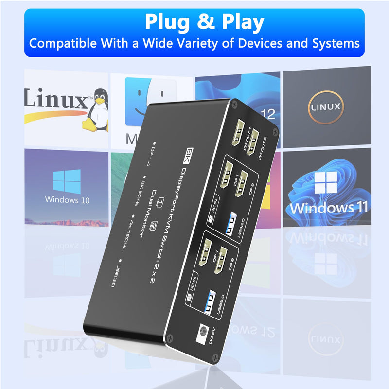 KVM Switch 2 Monitors 2 Computers, 8K@60Hz KVM Switch DisplayPort Extended Display, 4K@120Hz, KVM Switches for 2 Computers Sharing 2 Monitor, 4 USB 3.0 Devices Such as Keyboard, Printer, Scanner,Mouse Dual DP 2 Monitor