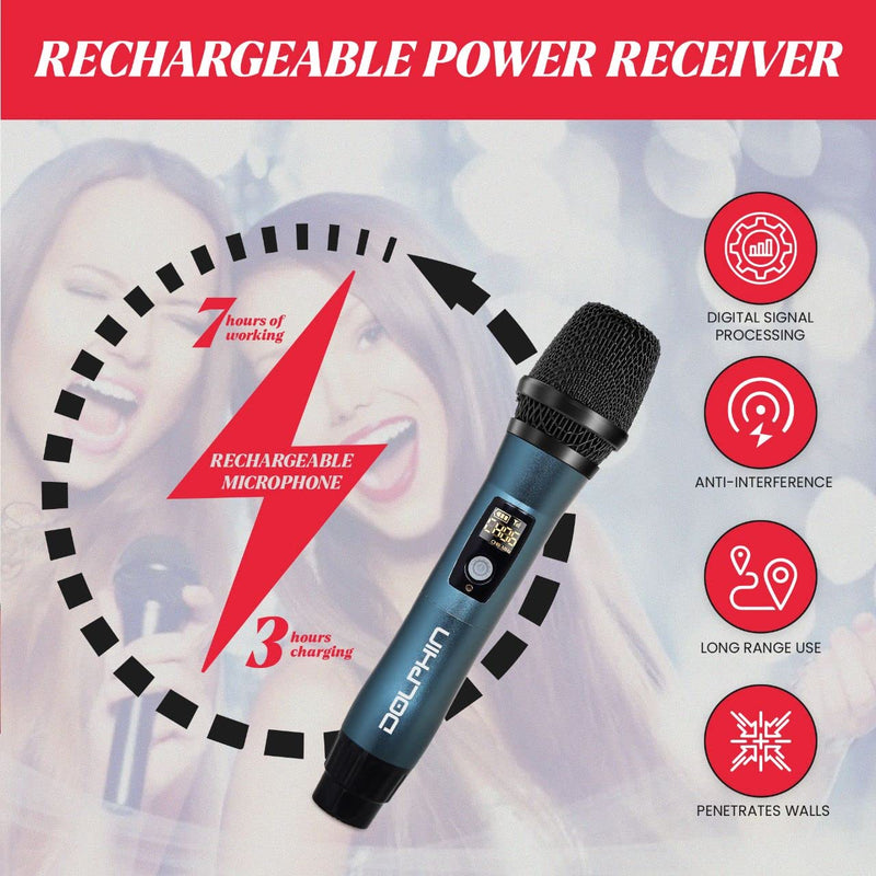 Dolphin MCX11 UHF Wireless Microphone for Karaoke, Singing, PA, Parties, Events, All-Metal, DSP, Long Range | Rechargeable, 50 Channels, Anti-Interference (Blue) Blue