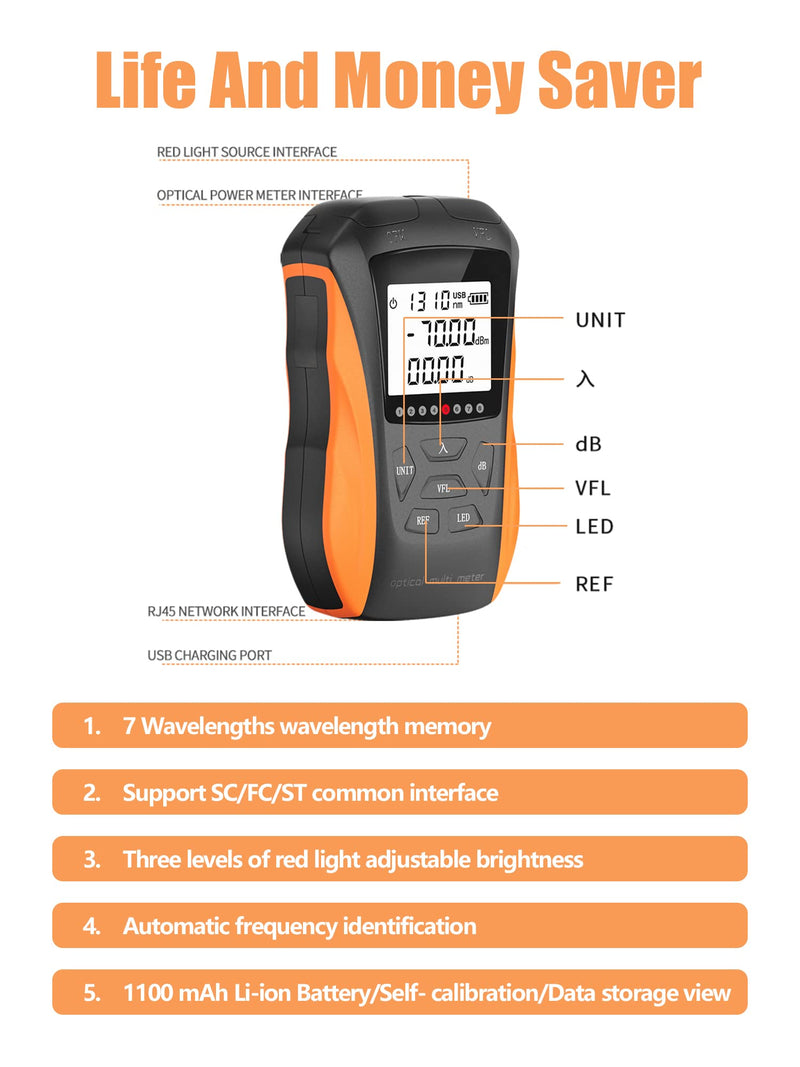 [AUSTRALIA] - Optical Power Meter with Visual Fault Locator, Fiber Light Meter with Cable Tester Function and Li-ion Battery USB Charge for FC/SC/ST Universal Interface 