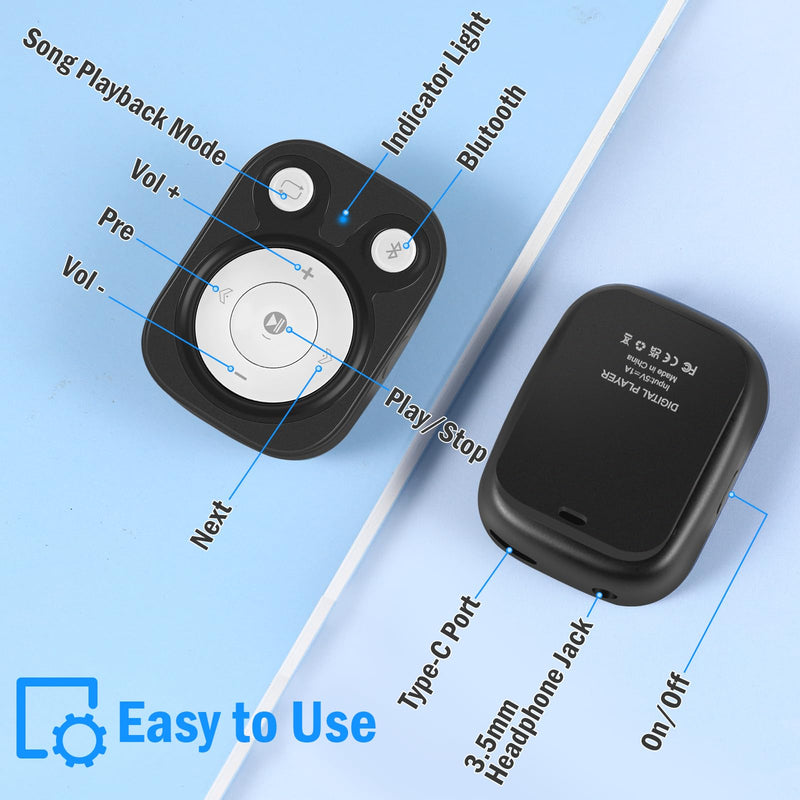 [AUSTRALIA] - Mini MP3 Player with Bluetooth 5.3, 64GB Portable Music Player with Sports Clip, OTG Function, Mp3 Player NO Screen for Running/Cycling/Exercise-Student, Kid (Black) Black 