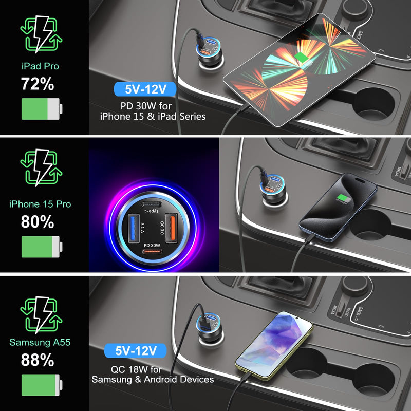 Car Charger 5 Pack, Bangfun 65W Multi Port 12V USB C & USB A Car Charger | PD+QC 3.0 Fast Charging Cigarette Lighter USB Charger Adapter Plug for iPhone 16 15 14 13 Pro Max iPad Samsung Android(Black) 5-Pack Black