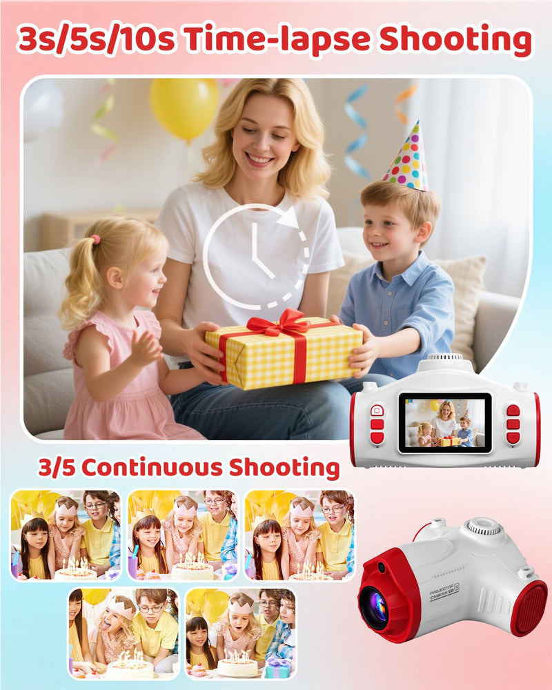 Kids Camera with Projector, 1080P Digital Video Camcorder, 48MP Photo Camera, Portable Toddler Camera Christmas Birthday Travel Gift Toy for Boys Girls Age 3 4 5 6 7 8 9 10 11 12, White