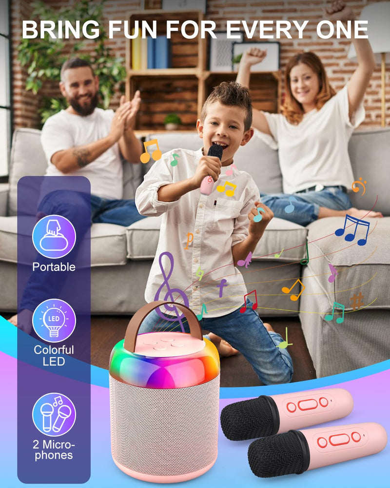 Mini Party Karaoke Machine Toy for Kids Audlts, Portable Led Karaoke Toy Speaker with 2 Wireless Microphones for Girls Boys Birthday, Holiday Stocking Stuffer Party Favors Supplies PINK