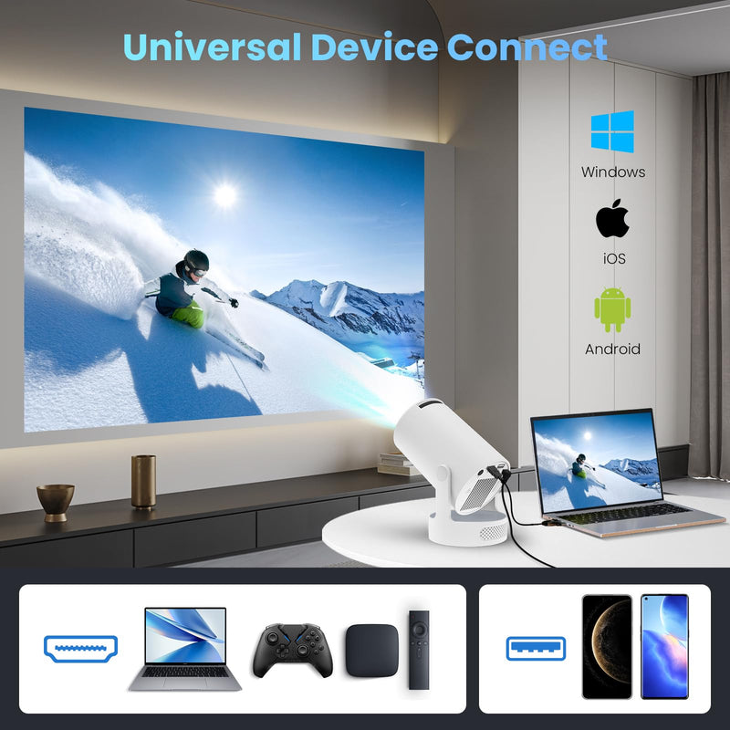[AUSTRALIA] - Mini Projector with WiFi and Bluetooth, 4K 1080P Support Portable Projector with Speaker, 110'' Big Screen Projection, Auto Keystone, 180° Rotatable Smart Projector for Phone/TV Stick/Laptop White. 