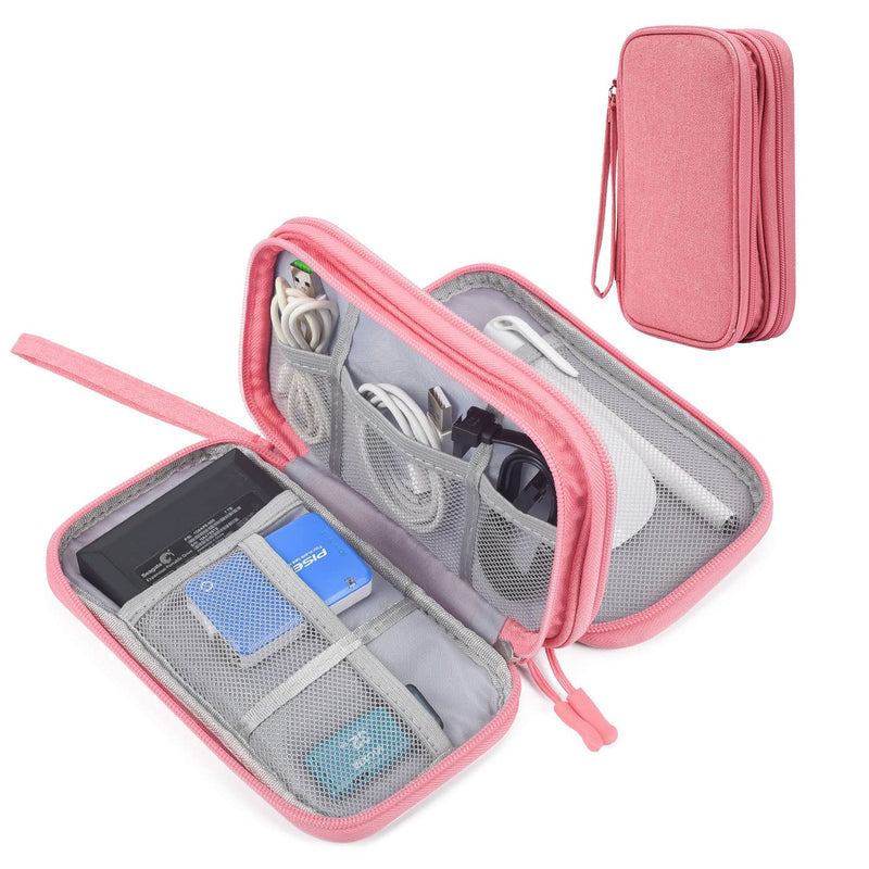 Electronic Organizer Travel USB Cable Accessories Bag/Case,Waterproof for Power Bank,Charging Cords,Chargers,Mouse ,Earphones Flash Drive Double Layer - Pink