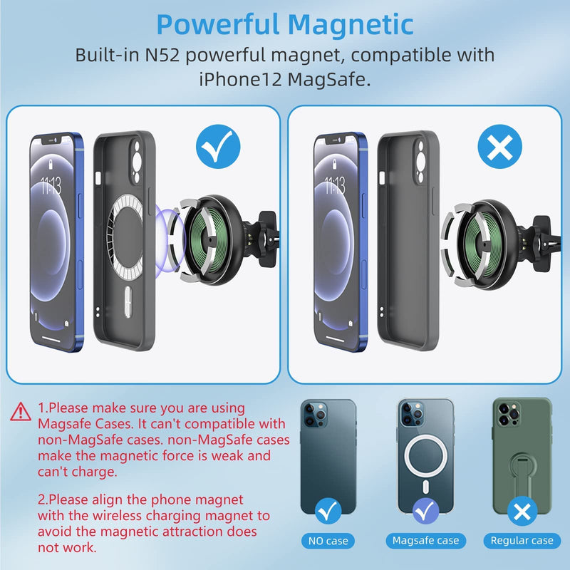 MAGJIEYX for Magsafe Car Mount Charger for Magnetic Wireless Charging for iPhone12/13/14/15/16Pro,Pro Max,Plus,Mini,Vent&Dashboard Strong Magnets Phone Holder with Fast 36W QC 3.0 Adapter(Dark Black)