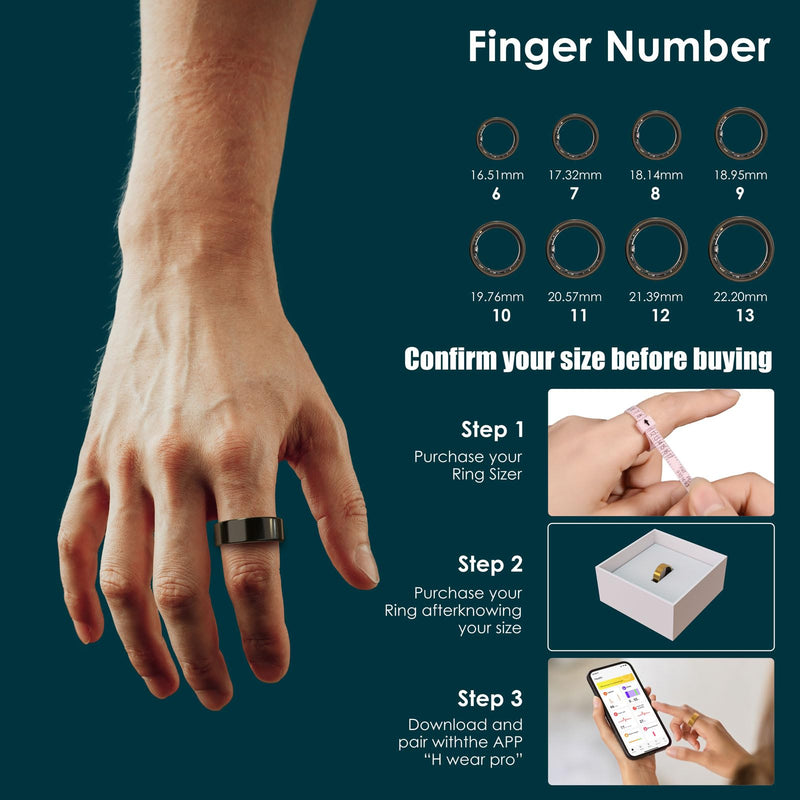 Smart Ring, Tracking Ring, Suitable for Both Men and Women, 5ATM Waterproof, Activity/Sleep/Temperature Monitoring, Family Care Mode, Compatible with Android and iOS. (Black, 10) Black
