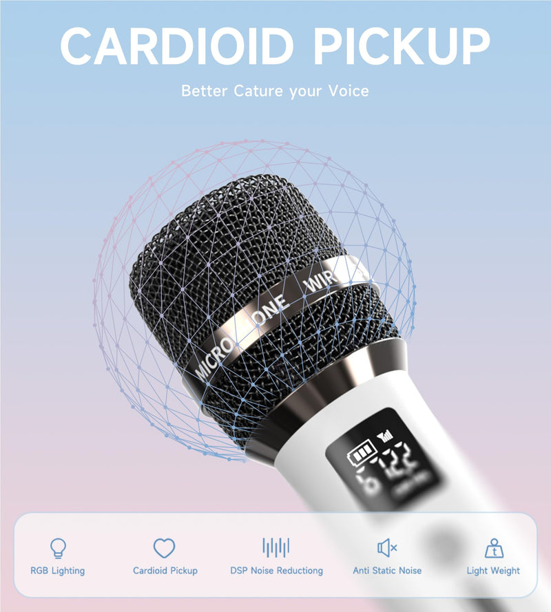 [AUSTRALIA] - Wireless Microphones, Microphone with One-to-One Chip Connection and LED Lights, 40H Duration, 200FT Range Receiving, Volume Control Karaoke Microphone for Singing, Speech, Home Party, YouTube/TikTok White 