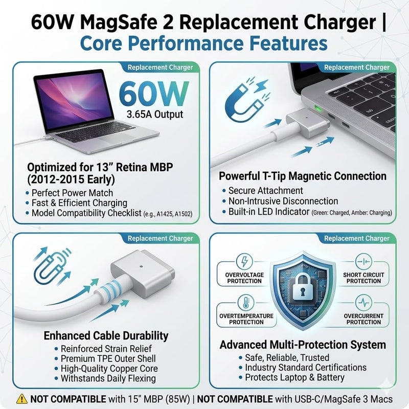UL Certified 60W MacBook Pro Charger Replacement, MagSafe 2 Compatible with MacBook Pro 13 Inch Retina (2012-2015) & MacBook Air 11/13 Inch (2012-2017), A1425 A1435 A1465 A1466 A1502