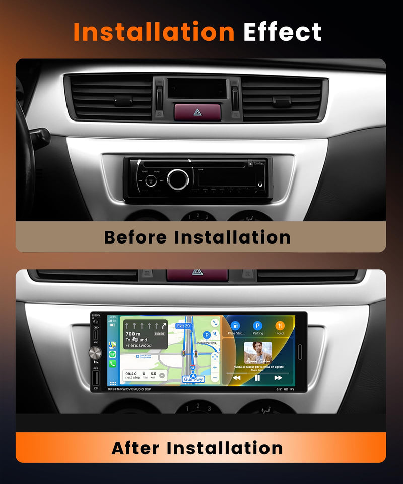 Single DIN Carplay Radio Wireless Android Auto, 6.9-Inch IPS Touchscreen Car Stereo with Bluetooth5.2 FM/RDS Radio EQ USB Backup Cam Included