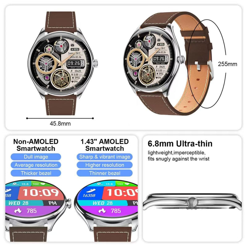 Smart Watches for Men, 1.43" AMOLED HD Screen 6.8mm Ultra Thin Men's Wrist Watches, Answer/Make Call for Android iPhone, Monitor Heart Rate Blood Oxygen Sleep Mens Leather Watch (Brown)