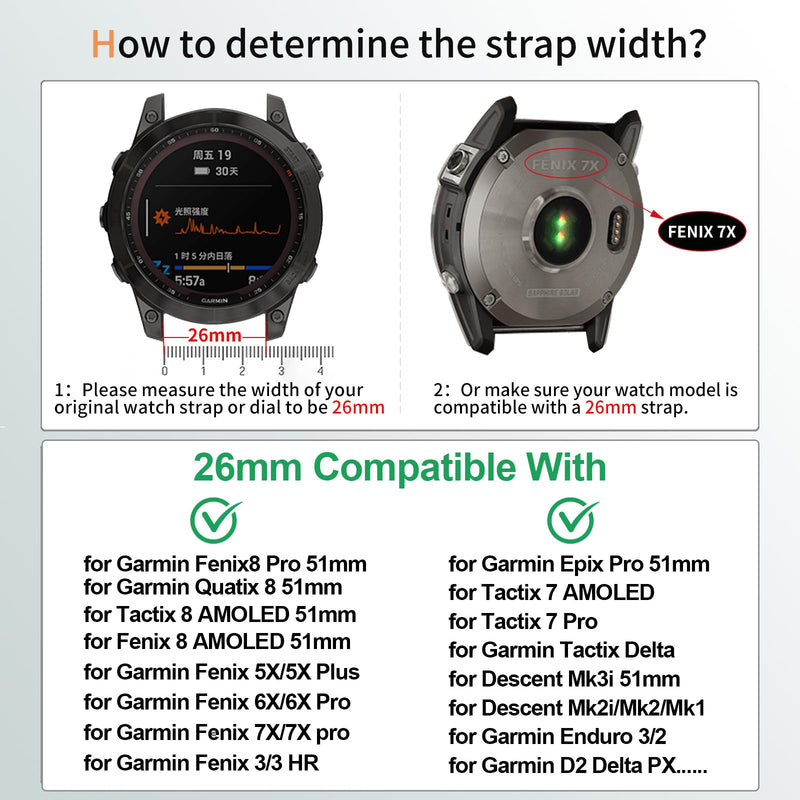 26mm Silicone Sport Bands Compatible with Garmin tactix 8 quatix 8 Fenix8 AMOLED 51mm/Fenix8 pro/7X /7X Pro/6X/6X Pro/5X/5X Plus/3 HR,Watch Strap For Garmin Descent Mk2/3i 51mm/tactix7 Pro/Enduro3/2 7Pack1