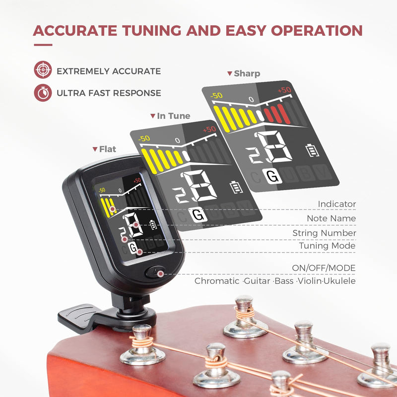 41PCS Guitar Picks Rechargeable Guitar Tuner Clip on Chromatic Digital Tuner Acoustic Guitar Accessories Kit for Guitars Violin, Ukulele, Bass