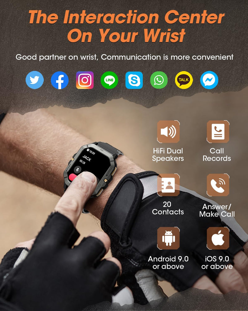 Military Smart Watches for Men (Answer/Make Calls), 2.02'' Fitness Smart Watch for Android and iPhone, Waterproof Fitness Tracker with Blood Pressure/Heart Rate/Sleep/100+ Sport Modes, Watches for Men Black