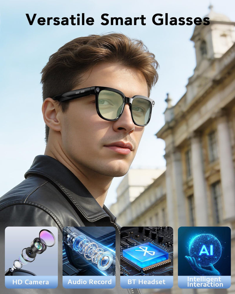 CJkao Smart Glasses with Camera, Bluetooth Music & Call, 800W HD Camera Glasses, 1080P Video Recording, Built-in ChatGPT Voice Assistant Control for Men Women (Grey)
