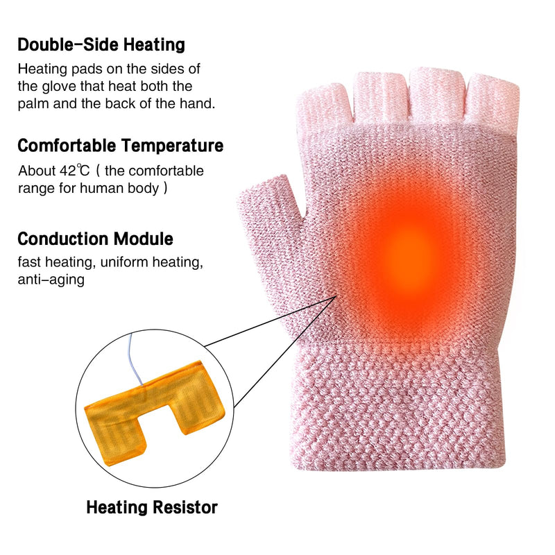 Women's & Men's USB Heated Gloves Mitten Full & Half Fingerless Winter Hands Warmer Laptop Gloves Pure Pink