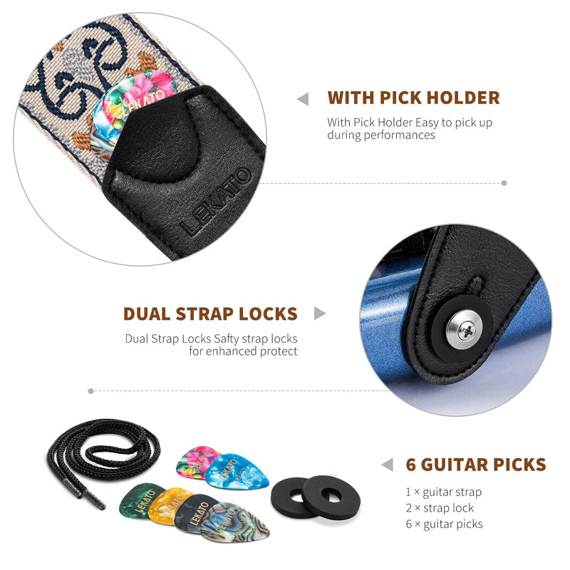LEKATO Guitar Strap for Electric Bass Acoustic Guitar, Floral Jacquard Embroidery 2? Wide Guitar Straps Bass Strap Padded Guitar Straps with Picks & Blocks (Blue Flower White)