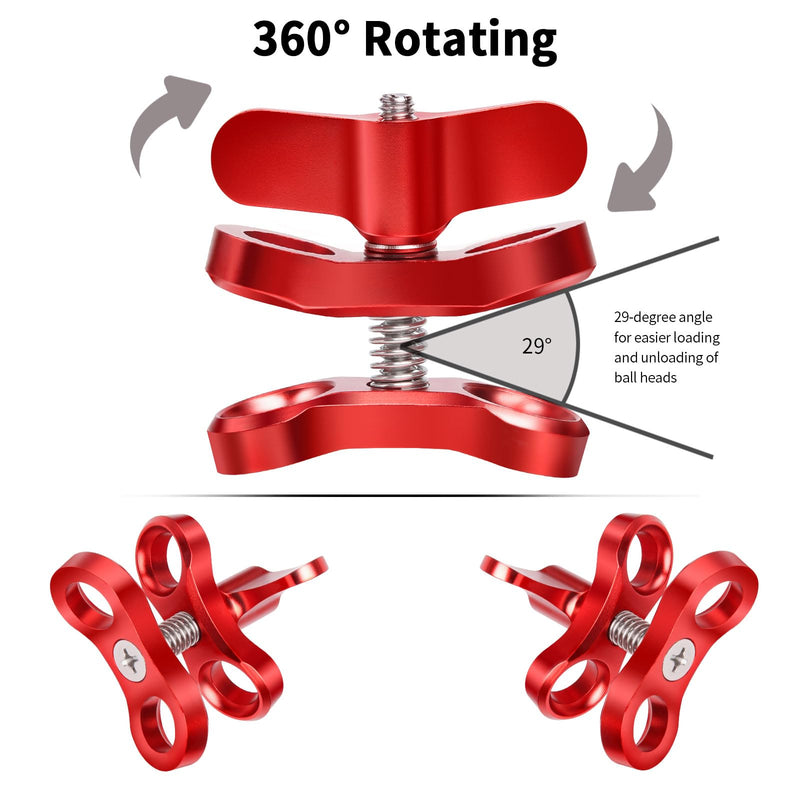 2-Hole 1" Aluminum Underwater Camera Clamp Ball Mount (2-Pack) - Underwater Bracket for Diving Light Arms & Camera Trays, Saltwater-Resistant Adapter for Scuba Photography/Videography Gear Double Holes Red