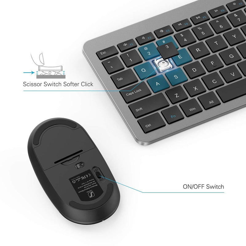 Wireless Keyboard and Mouse Combo - Full Size Slim Thin Wireless Keyboard Mouse with Numeric Keypad 2.4G Stable Connection Adjustable DPI (Grey & Black) Wireless keyboard mouse black & grey