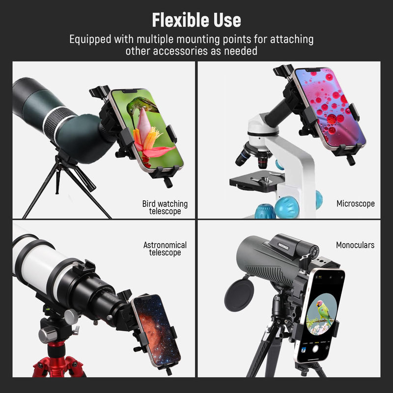 NEEWER 3 Axis Telescope Phone Adapter, All Metal Adjustable Telescope Spotting Scope Phone Mount Holder with Detachable Super Clamp for 20-65mm Dia. Eyepieces, Binoculars, Microscopes,LED Lights,SP-05