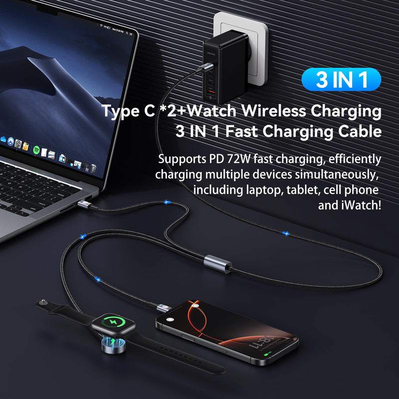 72W Super Fast Charging 3-in-1 Multi Charging Cable, Dual USB-C Ports for iWatch+240W Multi Charging Cable, 4ft 6-in-1 USB C Cable Fast Charging Cords