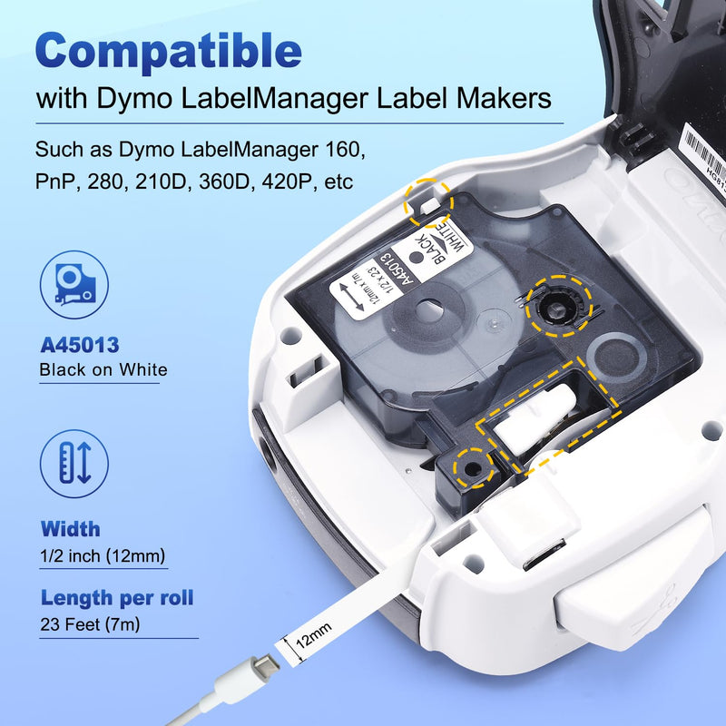 [AUSTRALIA] - 6-Pack Compatible Dymo D1 Label Tape 45013 1/2 Inch x 23 Ft Replace DYMO Label Maker Refills d1 a45013 S0720530, Black on White, for Dymo LabelManager 160 280 210D 360D 420P PnP 1/2 inch x 23 feet(12mm x 7m) 