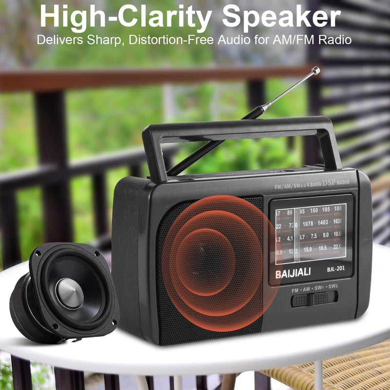 Portable AM/FM/SW1/SW2 Shortwave Radio - Retro Transistor Design with 3W Speaker, Battery Operated for Home Use, Outdoor & Emergency Survival (BJL-201)