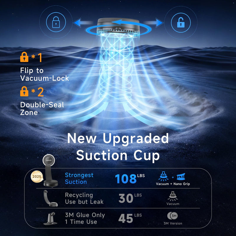 Anti-Shake Vacuum Suction Cup Phone Mount - 108LBS, Magnetic Car Mount, Bendable Car Phone Holder for Windshield Dashboard,Memory Alloy Arm, Car Accessories for iPhone 17/16/15，Texture Black Texture Black