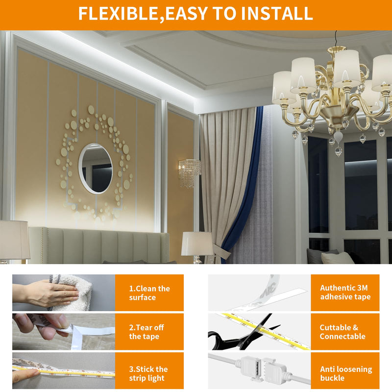 PAUTIX CCT COB LED Strip Light White Tunable 3200LEDs,CRI90+ 16.4ft/5m Dimmable 2700K-6500K 24V LED Tape Lights Kit,Work with Alexa/Google Assistant,for Under Cabinet Bedroom Kitchen DIY Lighting 2700K-6500K/16.4ft(Support Voice Activation)