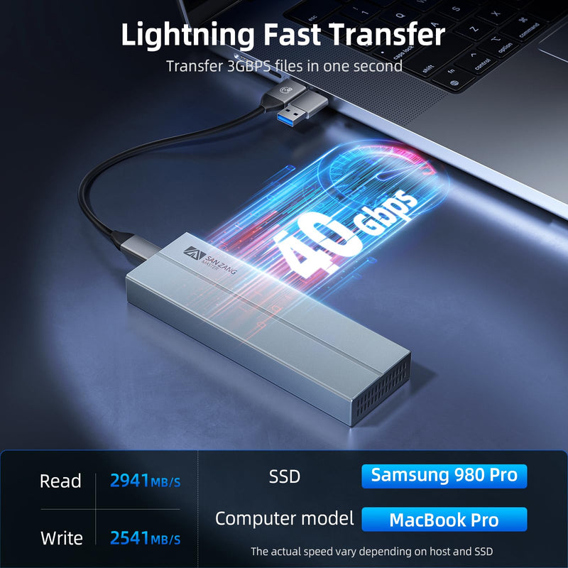 SAN ZANG MASTER 40Gbps M.2 NVMe SSD Enclosure with Cooling Fan, Aluminium USB4 NVMe SSD Enclosure for MacBook Air/Por M1/M2, Compatible with USB4/3.2/3.1/3.0/2.0, Support 2230/2242/2260/2280(M Key) grey