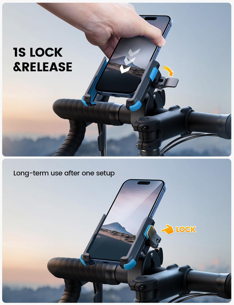 [AUSTRALIA] - Lamicall Motorcycle Phone Mount Holder - [Camera Friendly] [1s Lock] Bike Phone Holder Handlebar Clamp, Bicycle Scooter Phone Clip, for iPhone Air, 17, 16, 15 Pro Max, Galaxy S25, 4.7-7" Phones, Blue 