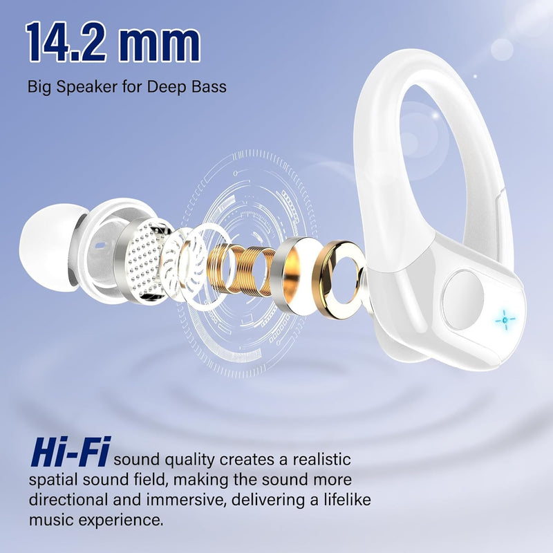 Qecnato Wireless Earbuds Bluetooth 5.4 Headphones 75H Stereo Deep Bass Sports Over Ear Buds with Earhooks, LED Display Bluetooth Earbuds with 4 ENC Mic, IP7 Waterproof Earphone for Running, White