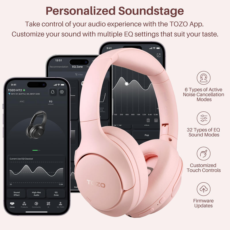 TOZO Hybrid Active Noise Cancelling Headphones, Hi Res Audio | Wireless Over Ear Bluetooth Headset, 60H Playtime, Custom EQ via App Deep Bass Comfort Fit Ear Cups, for Home Office Travel Pink