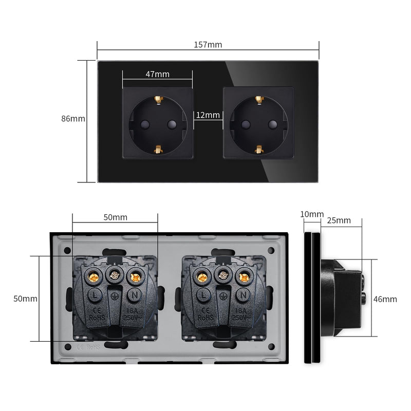 LIAONFOY Schuko Double Socket with Child Safety Lock Glass Frame 2-Way Wall Socket Flush-Mounted Black Double 110-250 V 157 mm 2-gang socket