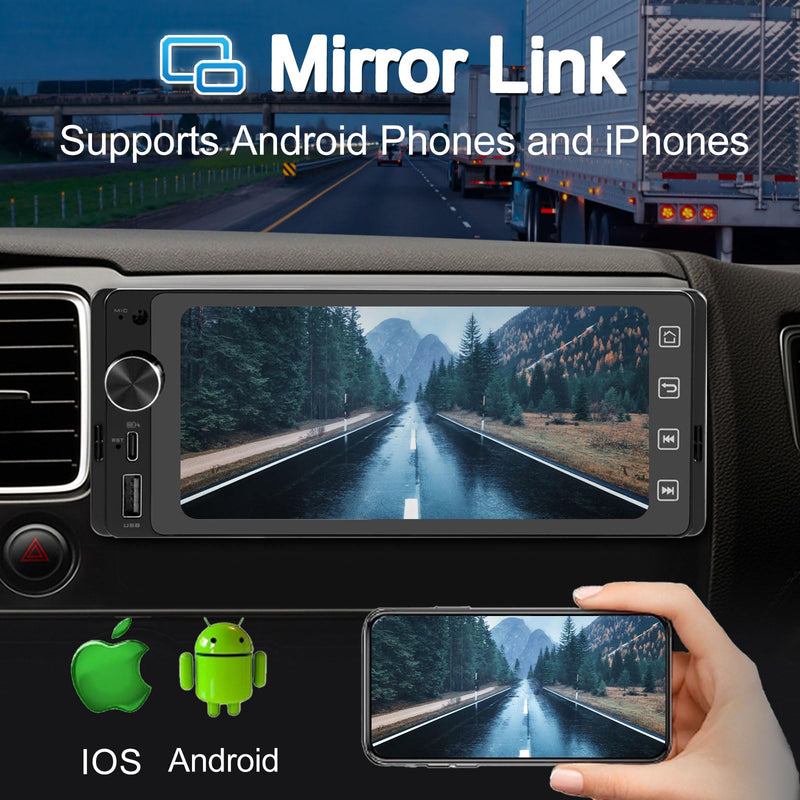 Single Din Touchscreen Radio Wireless/Wired CarPlay & Android Auto, HD IPS Touchscreen Car Stereo Single Din with Bluetooth 5.4, Mirror Link, Volume Knob, FM/SWC/EQ/USB 5.1"