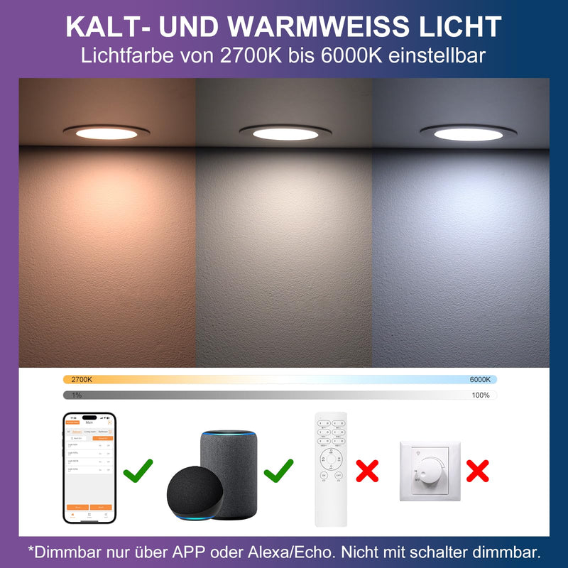 [AUSTRALIA] - DUSKTEC Recessed LED Downlights Alexa, Smart Spot Lights Ceiling with APP & Voice Control, RGB Colour LED Spotlights 2700K-6000K, 7W Warm White to Cool White Dimmable Ceiling Recessed Lights Ø68-85mm Lochmass 7W 