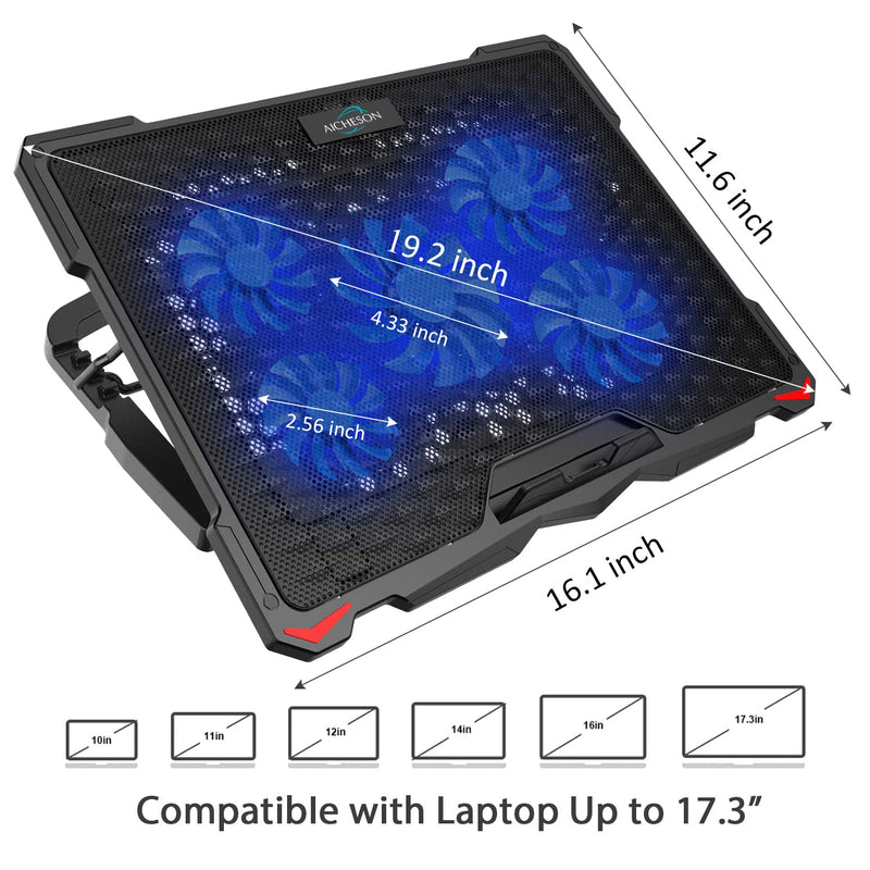 AICHESON S035 5 Fans Blue Light Laptop Cooling Pad and 2 Pack Type A Male to Type A Male Cable Combination Set