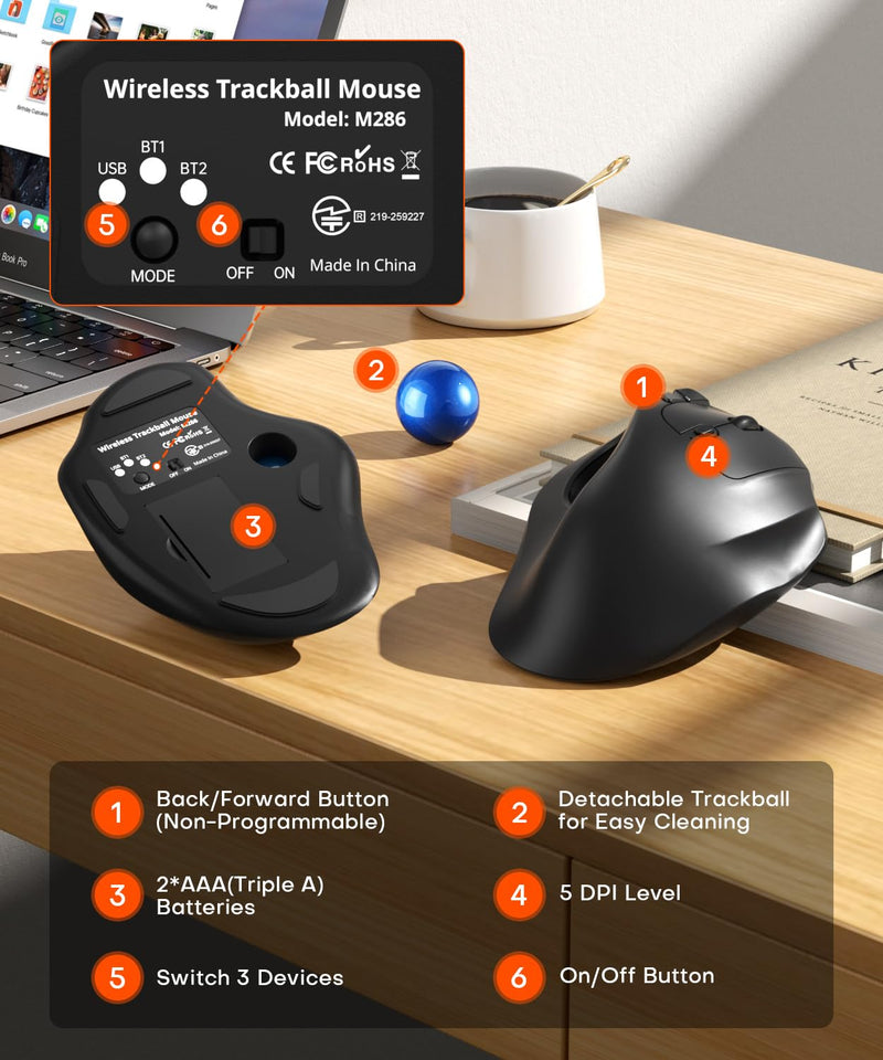 Ergonomic Wireless Trackball Mouse, 3 Device Connection, 5 Level DPI | Bluetooth or 2.4G USB Receiver Quiet Computer Mouse, 2*AAA Battery Thumb Laptop Mice for PC/Laptop/Mac/Windows Blue