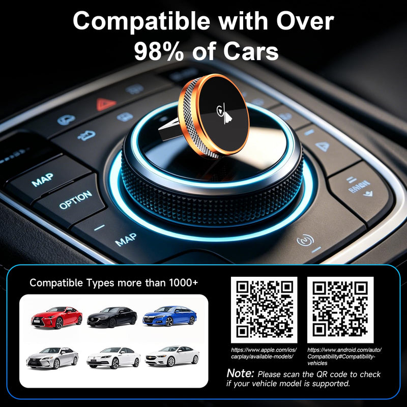 2-in-1 Wireless CarPlay Adapter for iPhone & Android Device, CarPlay Dongle Convert Wired to Wireless, Bluetooth & Wi-Fi, Plug & Play, Zero Latency, Compatible with USB/USB-C (Orange) Orange