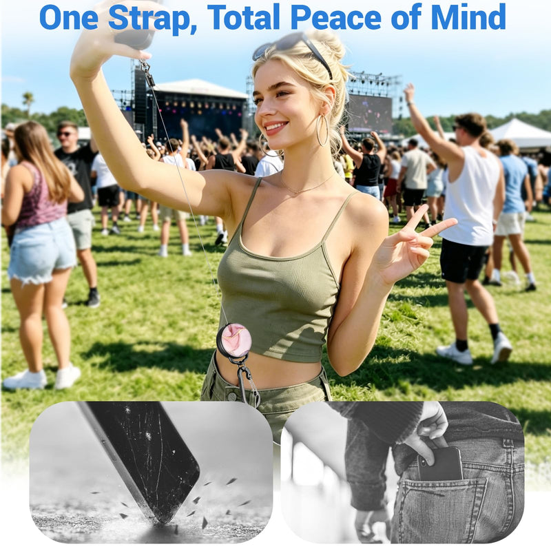 Retractable Phone Lanyard for Outdoor Activities, Anti-Drop Phone Tether, Perfect for Travel Skiing Hiking Concerts Pink Marble