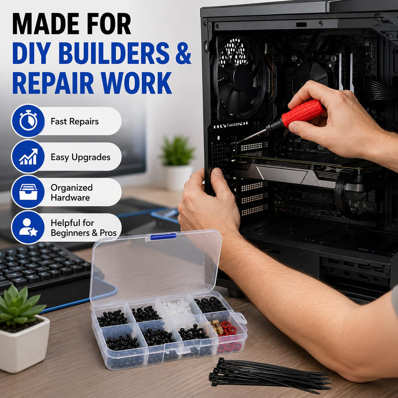 Computer Screws Assortment Kit with Screwdriver and Standoffs | Assorted PC screws, motherboard standoffs, and screwdriver for GPU, HDD, SSD, fan, PSU, and case repair