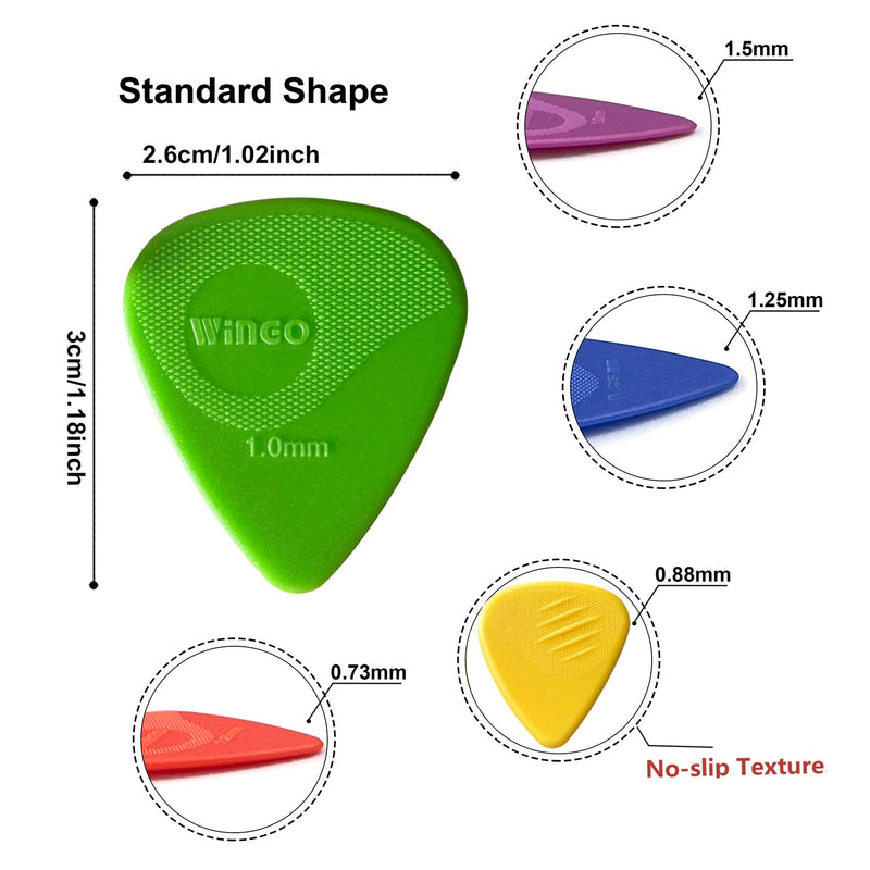 WINGO Guitar Picks with Grip Stamped, Non Slip Picks 5 Pack (073, 088, 1.0, 1.25, 1.5mm) for Acoustic Electric Guitar Bass Multicolor