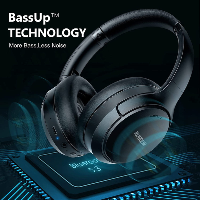 RUNOLIM Hybrid Active Noise Cancelling Headphones, Wireless Over Ear Bluetooth Headphones with Microphone, 70H Playtime, Foldable Headphones with HiFi Audio, Deep Bass for Home Travel Office Black