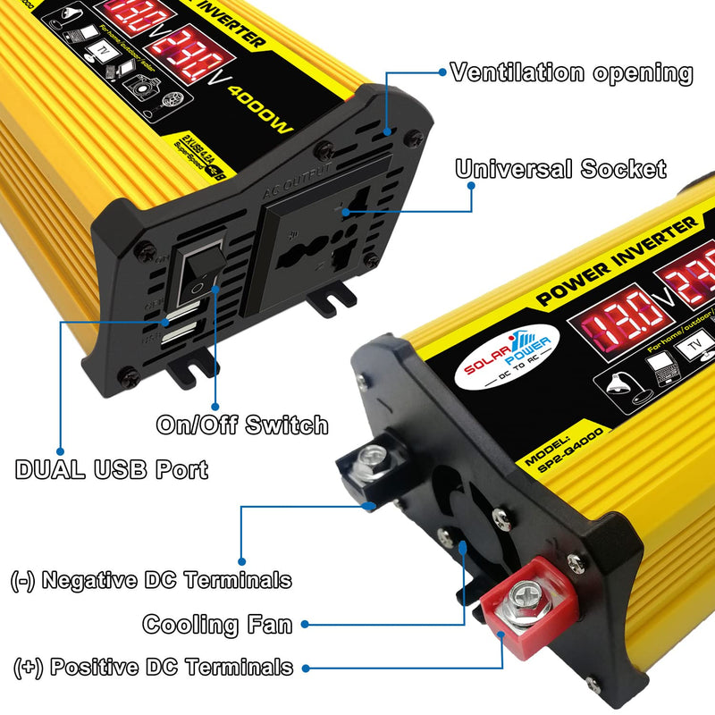 YUHOME Modified Sine Wave Inverter High Frequency 4000W Peak Power Watt Power Inverter DC 12V to AC 110V Converter Car Power Charger Inverter with 2.1A Dual USB Port Battery Clips Display Screen