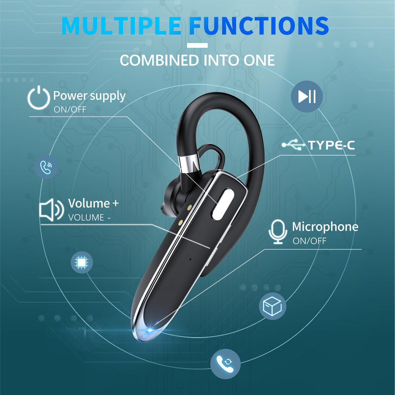 Wireless Single Ear Bluetooth V6.1 Headset, Business Earpiece with Mic | CVC8.0 Noise Cancelling,100H Playtime, LED Display, Dual Device Pairing, Mute Button for Office, Driving, Trucker Black