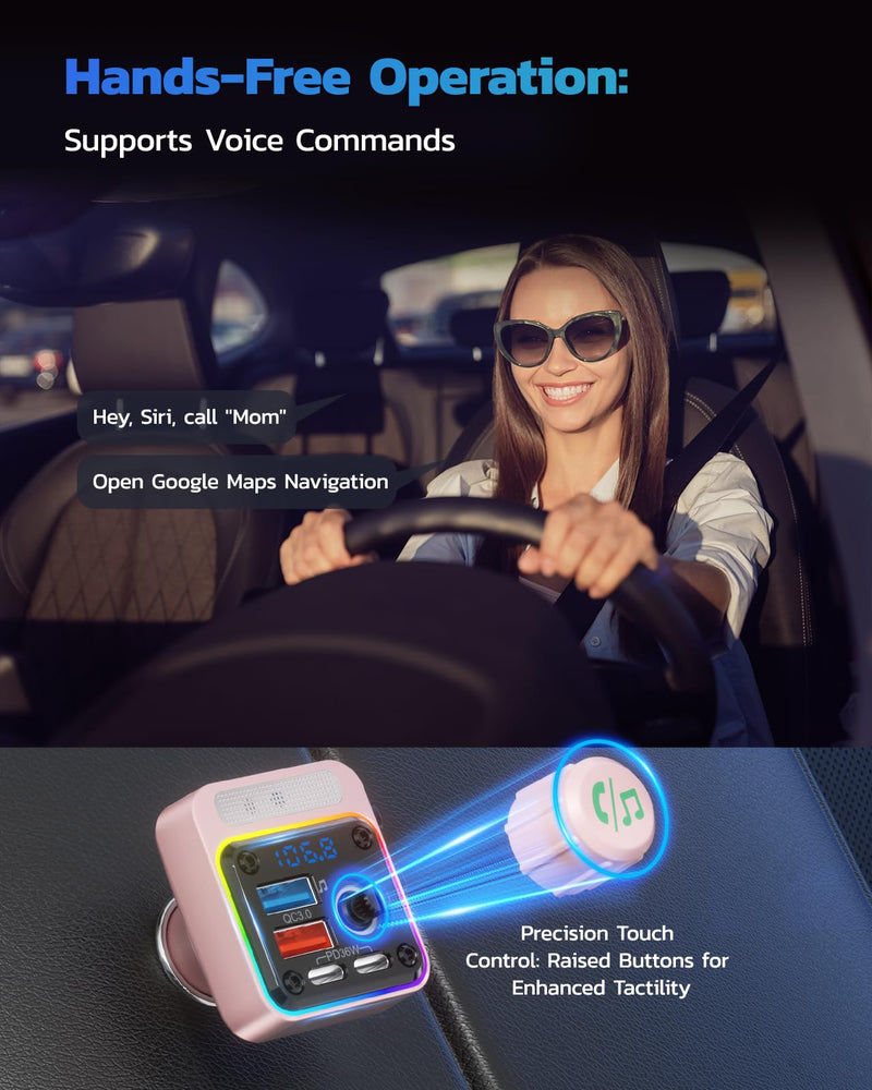 [AUSTRALIA] - Nulaxy 54W Bluetooth 5.3 Car Adapter with 4 Charging Ports [PD 36W & QC3.0 18W], Wireless Radio FM Transmitter with Deep Bass Player & 5 Colors LED Backlit, Hands-Free Calling - Pink 