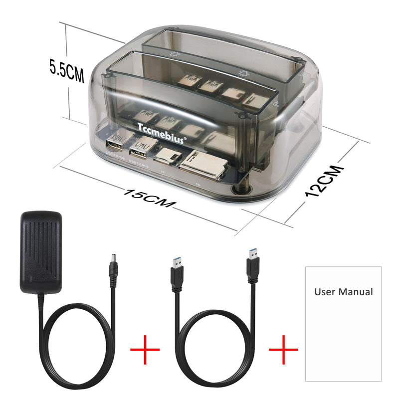 TCC-S865 USB 3.0 to SATA IDE Dual Slots External Transparent Hard Drive Docking Station with Card Reader and 2 Ports USB 3.0 Hub for 2.5 3.5 Inch IDE SATA I/II/III HDD SSD