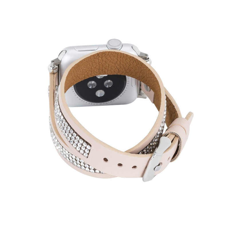 Venito Livorno Double Wrap Leather Slim Watch Band with Rhinestones Compatible with Apple Watch 42mm, 44mm, 45mm, 49 mm for Apple Watch Series 1, 2, 3, 4, 5, 6, 7, SE, 8, Ultra, Sport (Nude Pink w/Silver Connector & Clasp)