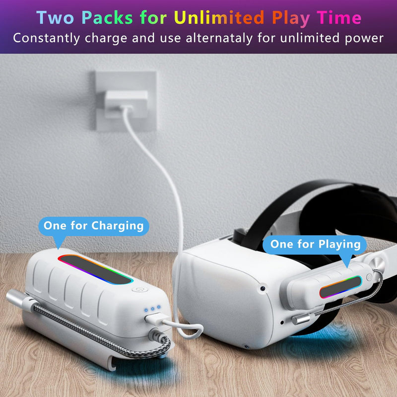 Battery Pack for Oculus Quest 2, 5000mAh Extended Power with Multi-Colors RGB Lights Compatible with Original Meta Quest 2 Head Elite Strap Extra 2-4H Playtime 2 Pack (5000mah+ 5000mah) 2 battery packs